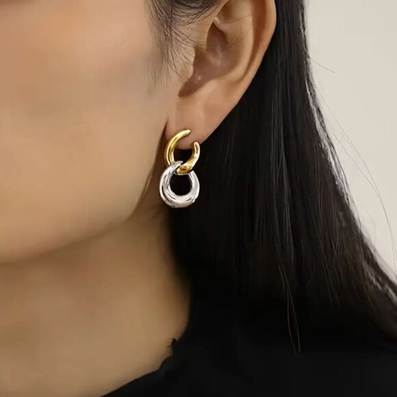 Naked Hanger Double circle geometric two toned stud earrings - Picture 3 of 6